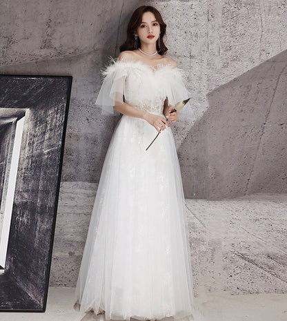 Unique tulle sequins long prom dress white evening dress 8534