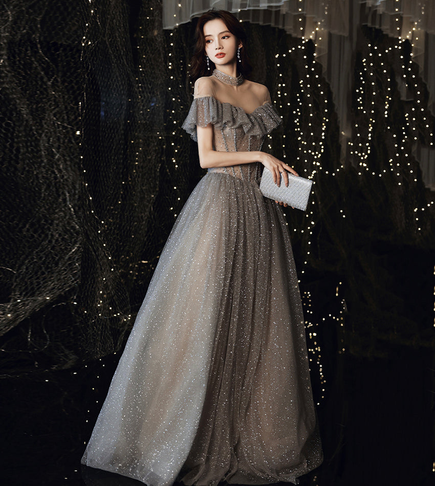Gray tulle sequins long ball gown dress formal dress  8558