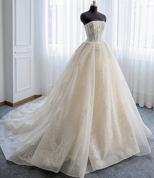 Champagne tulle lace long ball gown dress formal gown  10367