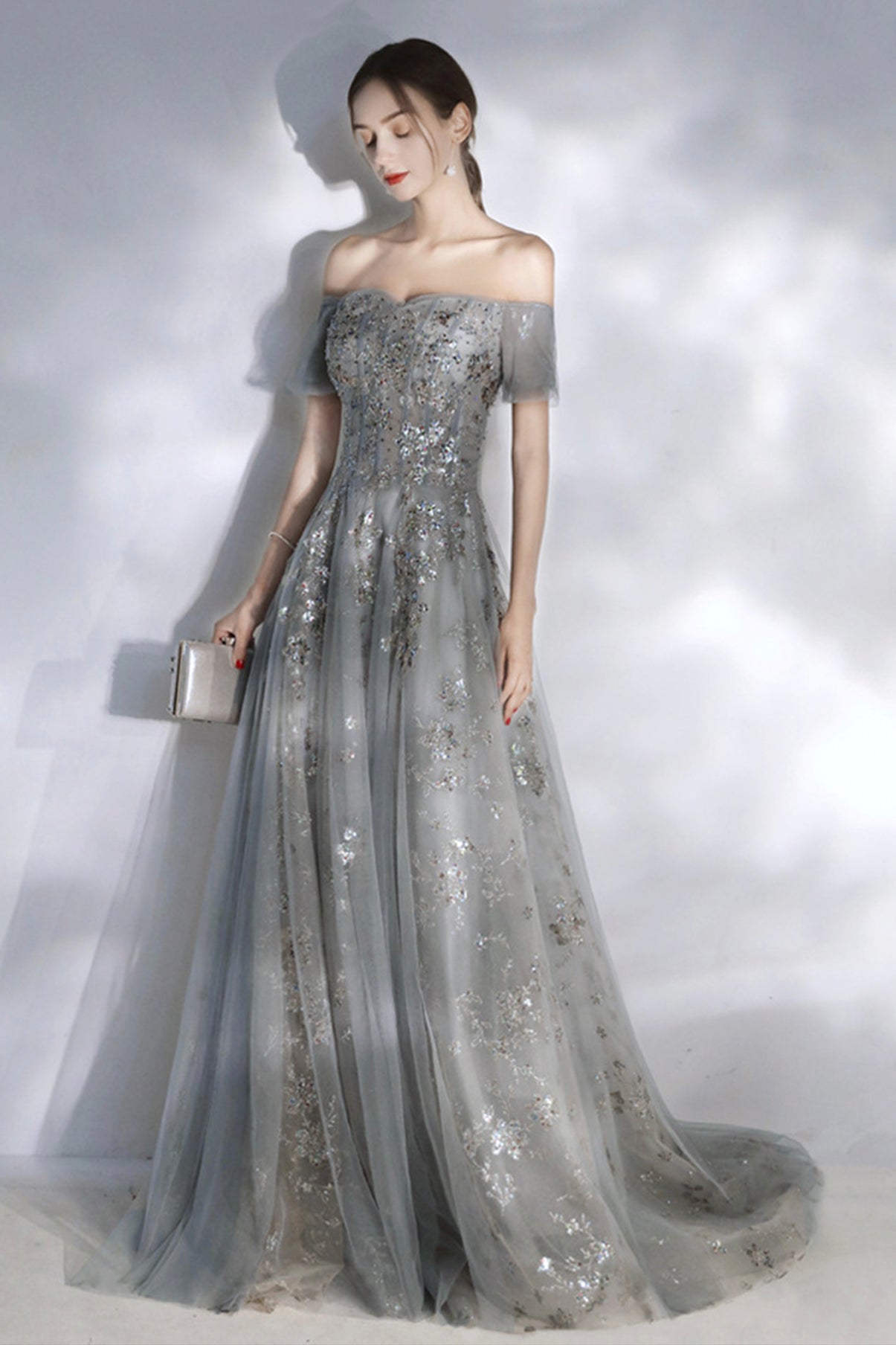 Grey sequins long A line prom dress evening dress  8575
