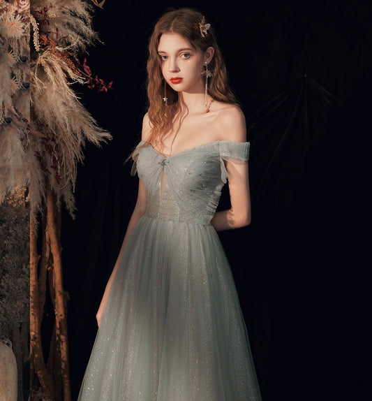 Shiny tulle sequins long prom dress green evening dress  8620