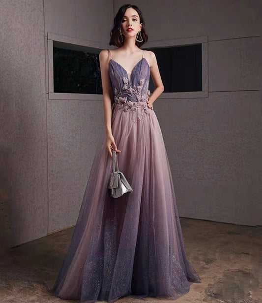 Purple tulle sequins long prom dress A line evening gown  10480
