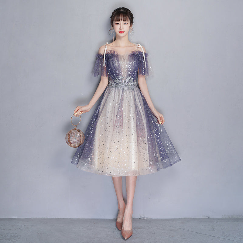 Blue tulle sequins short prom dress party dress  8354