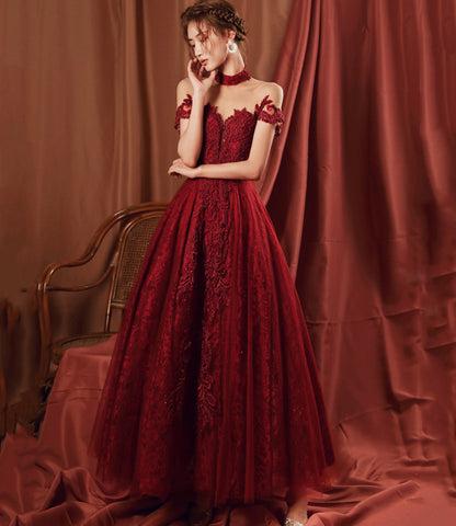 Burgundy tulle beads long A line prom dress evening dress  8761