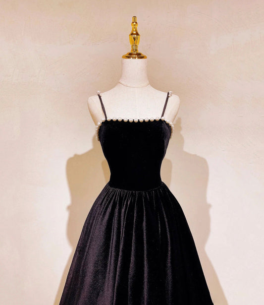 Black velvet long prom dress A line evening dress  10482