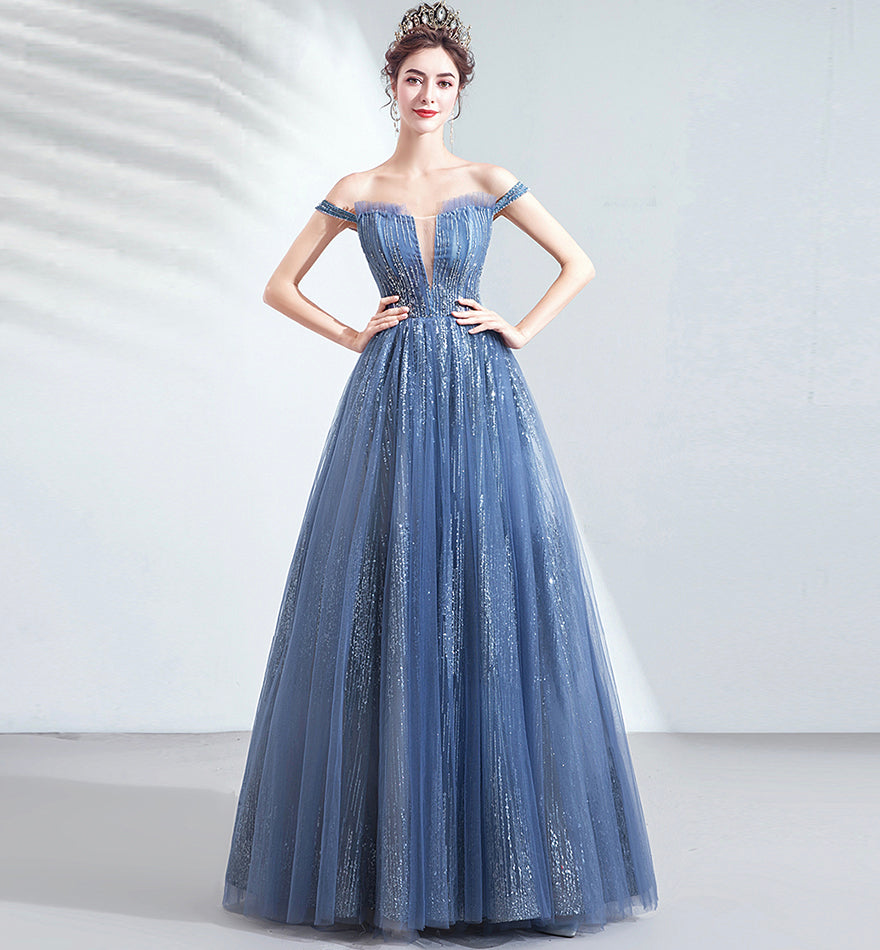 Blue tulle sequins long prom dress evening dress  8433