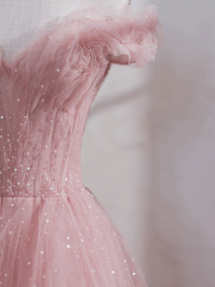 Princess Pink Tulle Tea Length Prom Dress, Pink Off shoulder Sweet 16 Dress GP288