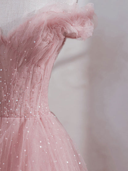 Princess Pink Tulle Tea Length Prom Dress, Pink Off shoulder Sweet 16 Dress GP288