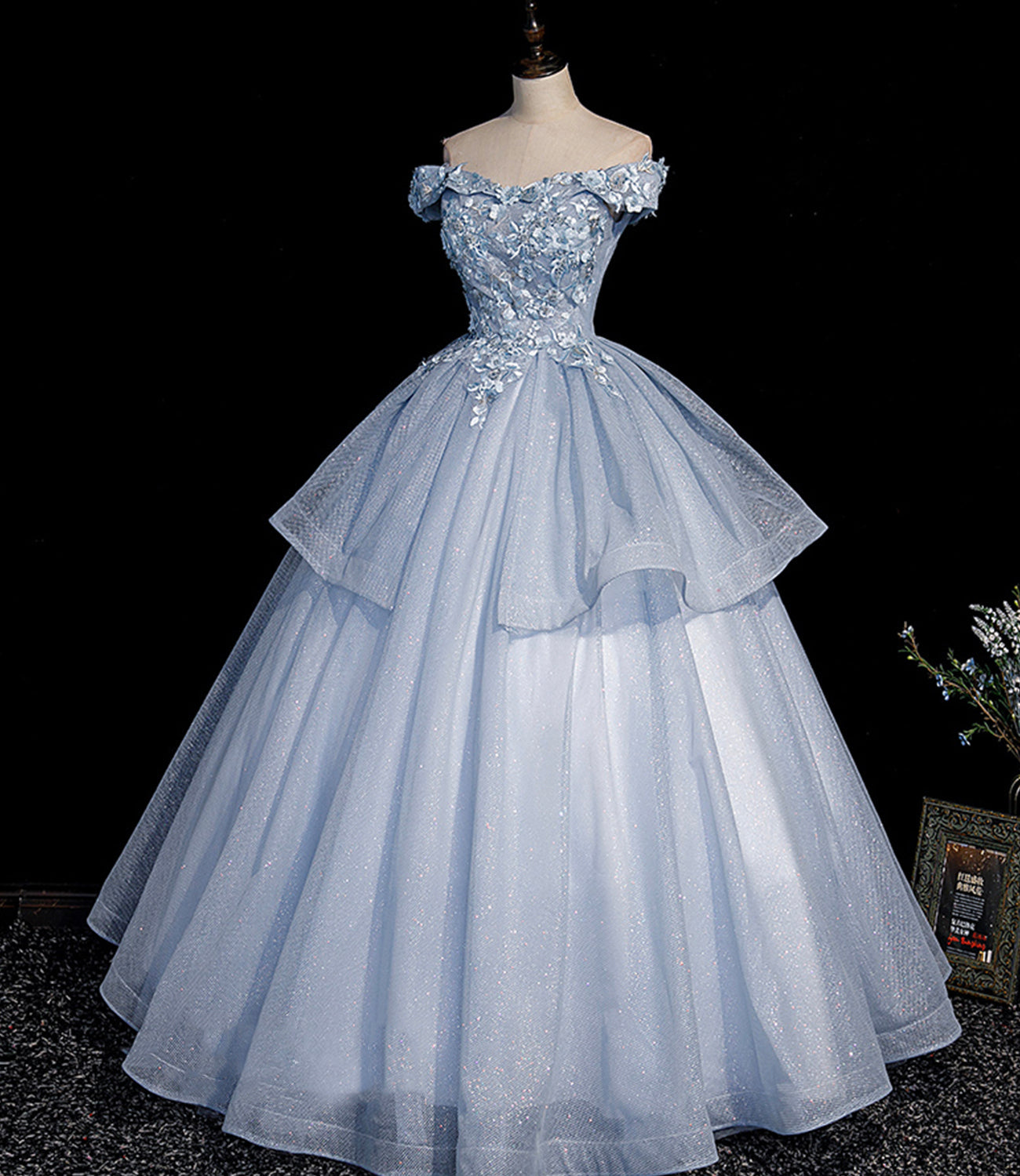 Blue tulle lace long ball gown dress formal dresses  10475