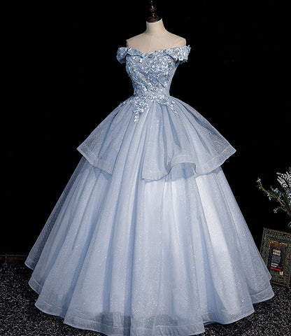 Blue tulle lace long ball gown dress formal dresses  10475