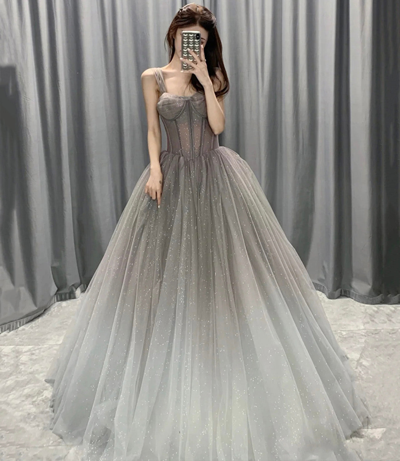 Gray tulle sequins long prom dress A line evening gown  10564