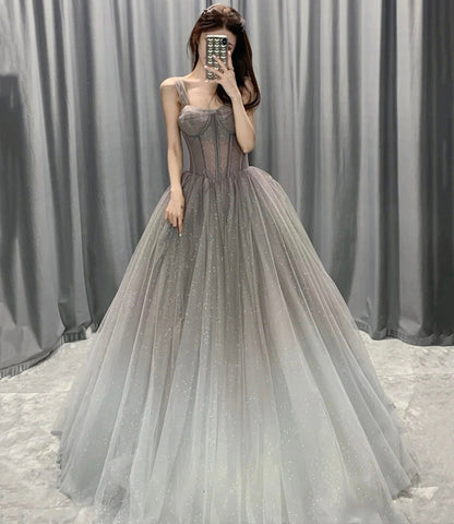 Gray tulle sequins long prom dress A line evening gown  10564