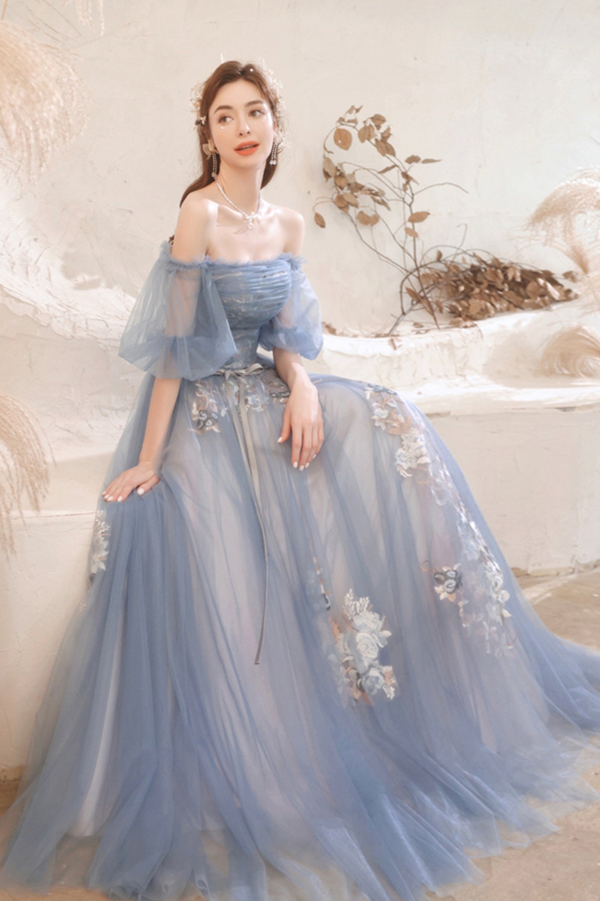 Blue lace long A line prom dress blue evening dress  8751