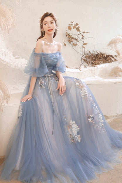 Blue lace long A line prom dress blue evening dress  8751