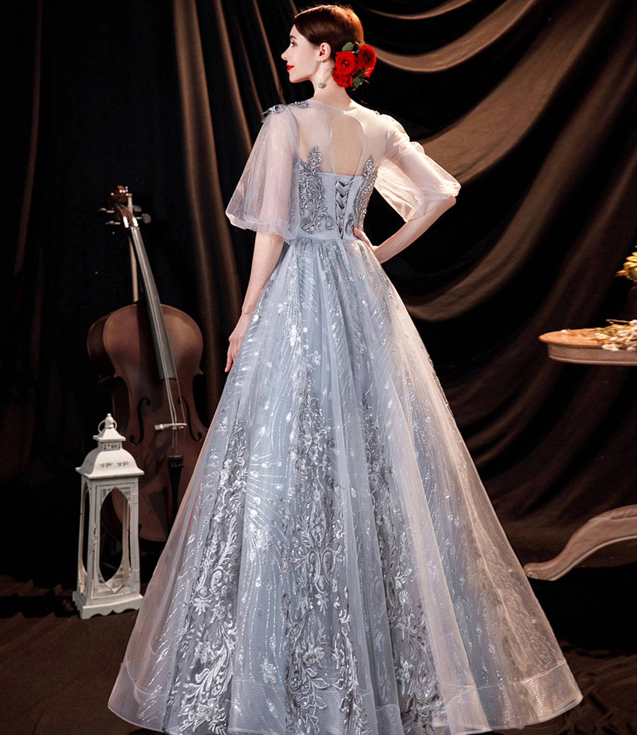 Gray tulle lace long prom dress A line evening gown  10508