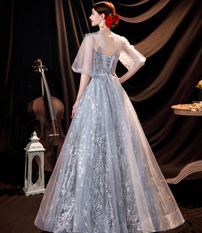 Gray tulle lace long prom dress A line evening gown  10508