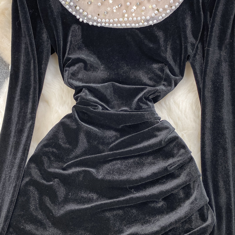Black Velvet Long Sleeve Dress Fashion Dress  10929