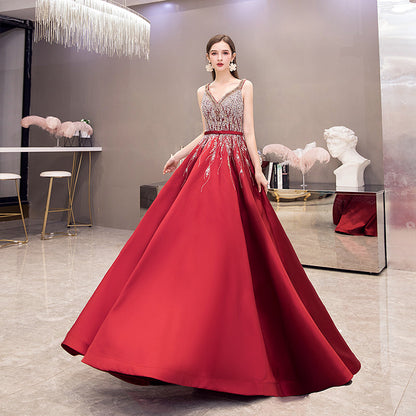 High quality v neck beads long prom dress red evening dress  8525
