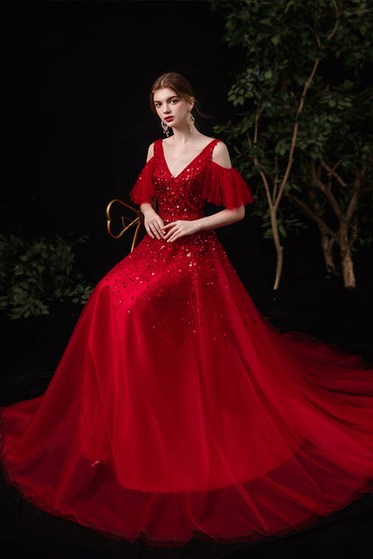 Red tulle sequins long A line prom dress red evening dress  8737