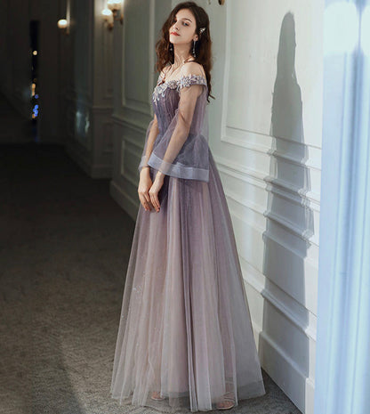 Purple tulle lace long prom dress purple evening dress  8538