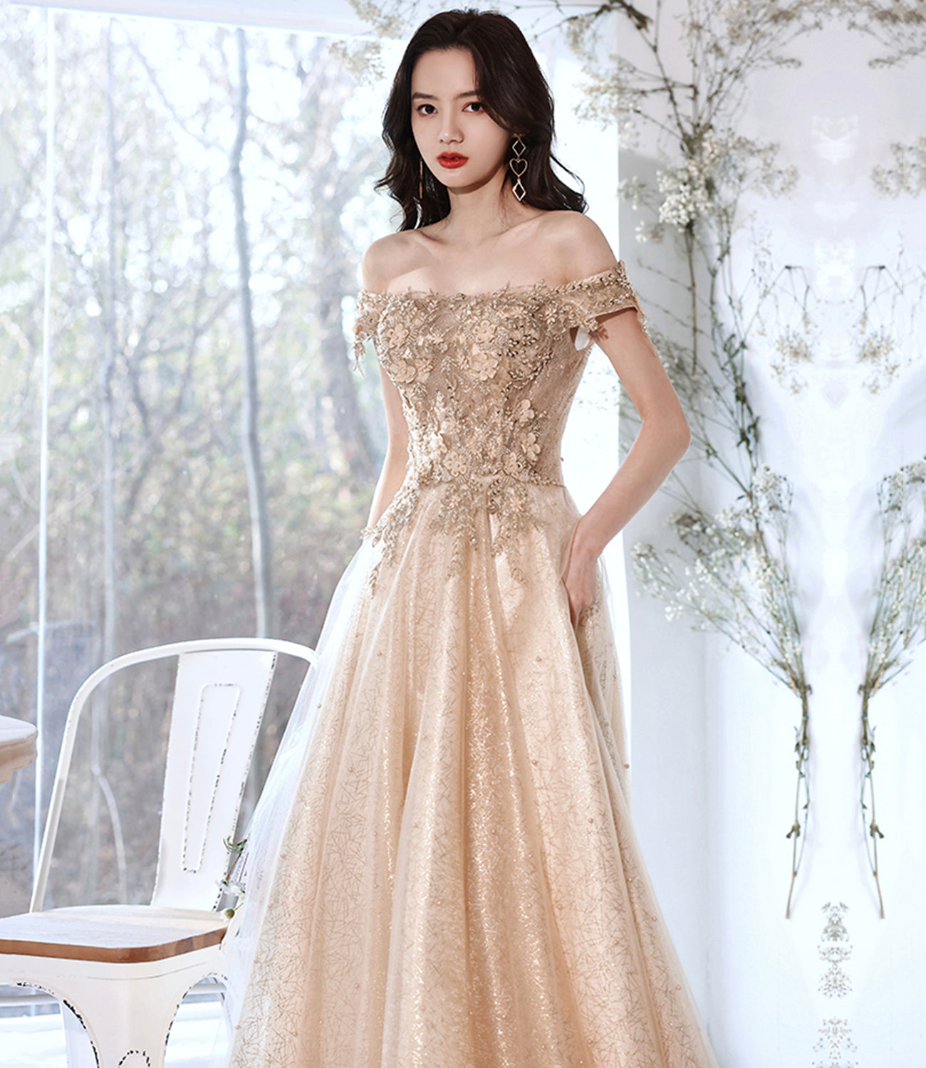Champagne tulle lace long prom dress A line evening gown  10381