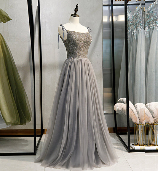 Gray tulle beads long prom gown evening dress  8437