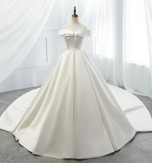 White satin long A line ball gown dress formal dress  8872