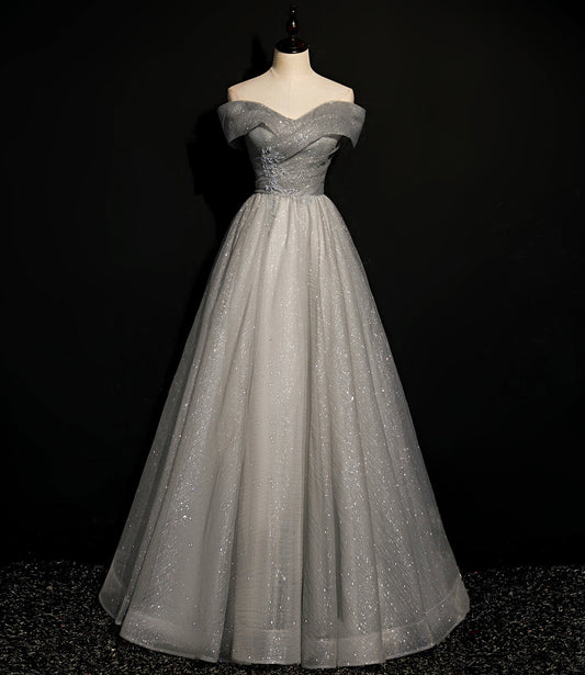Gray tulle sequins long A line prom dress evening dress  8701