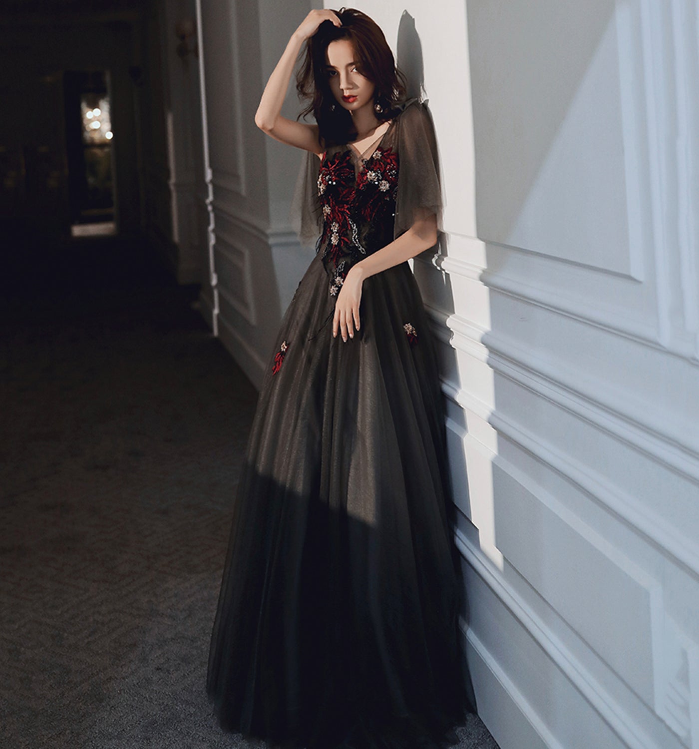 Black lace long prom dress black evening dress  8630