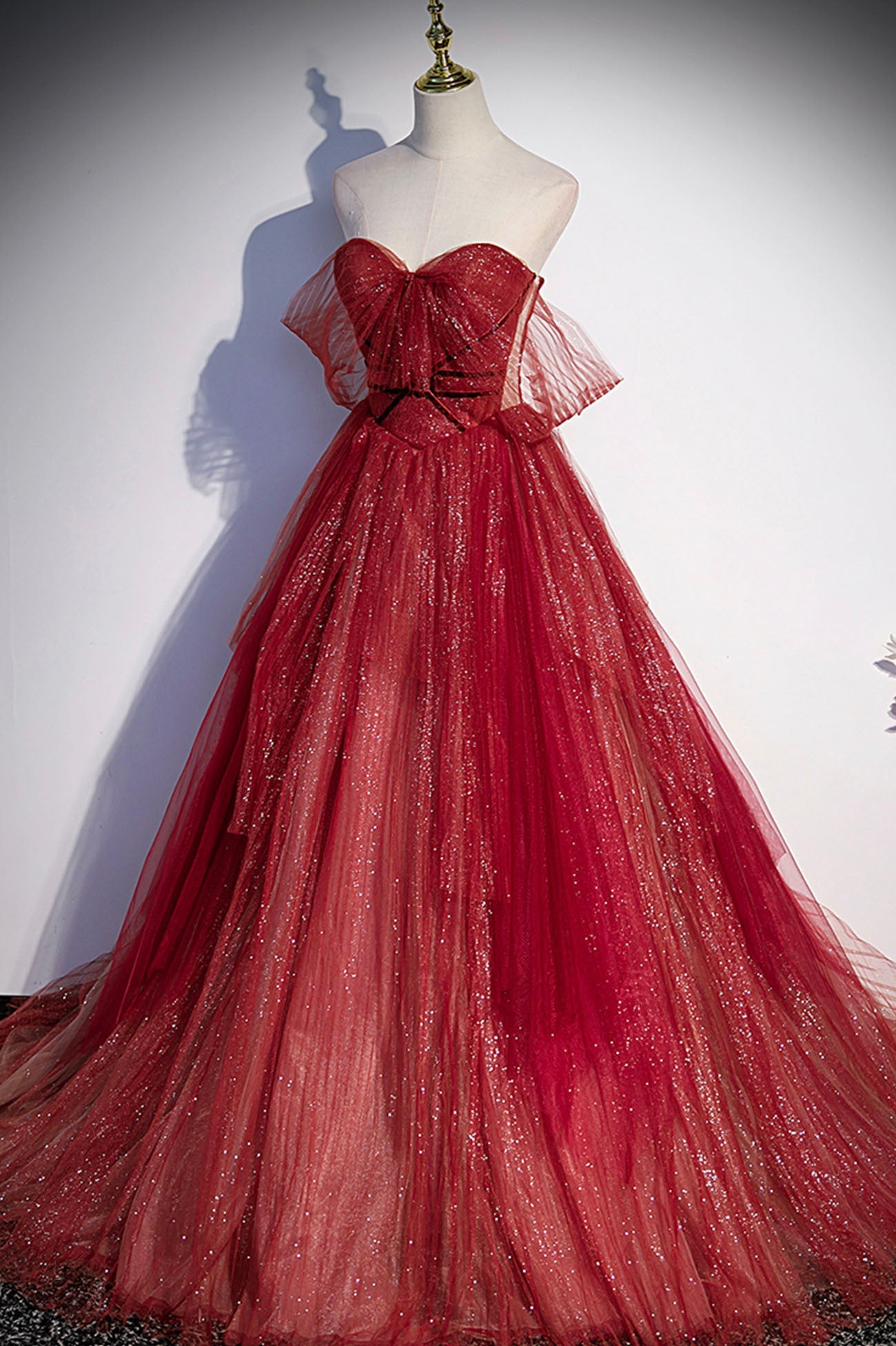 Burgundy tulle sequins long prom dress A line evening gown  10632