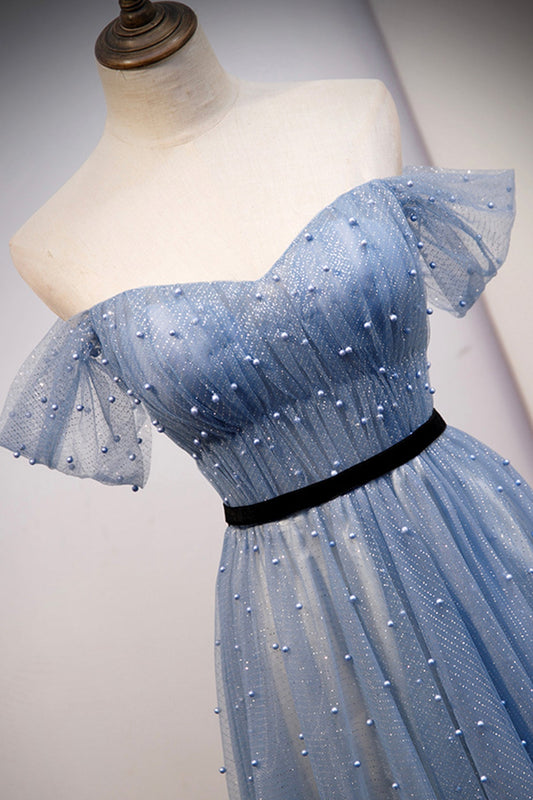 Blue tulle long A line prom dress evening dress  8686