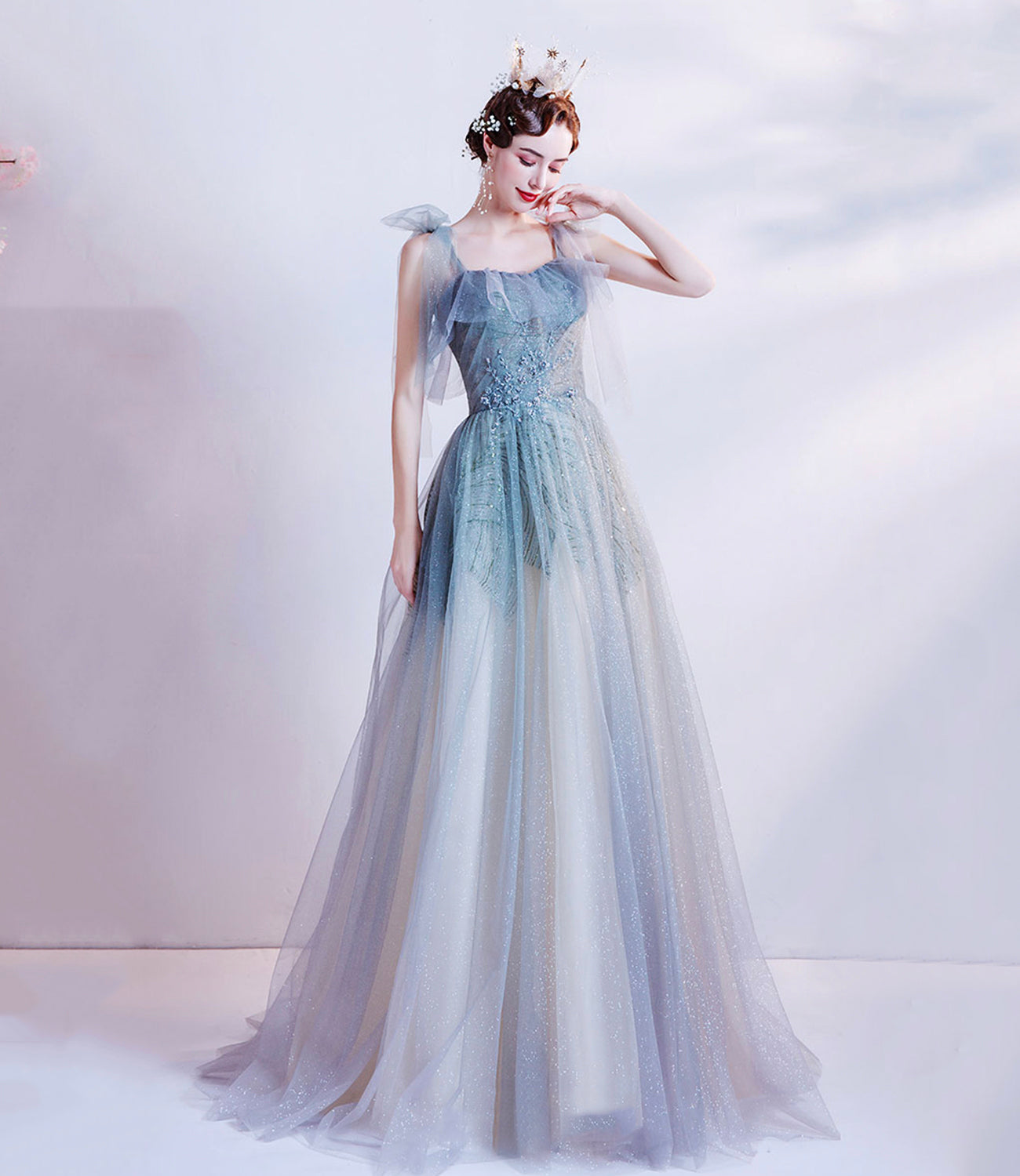 Cute tulle sequins long prom dress A line evening gown  10227