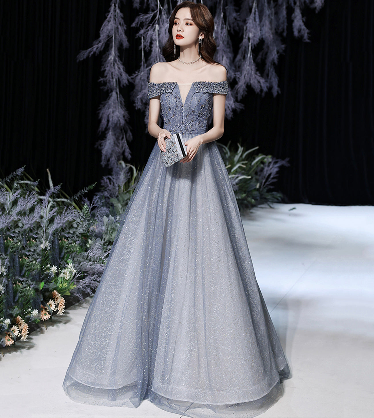 Grey tulle beads long prom dress shiny evening dress  8569