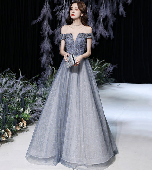 Grey tulle beads long prom dress shiny evening dress  8569