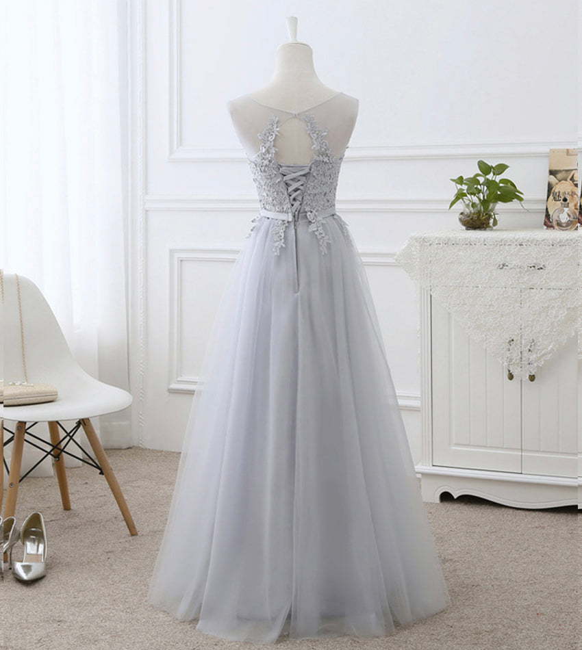 Gray tulle lace prom dress A line evening dress  8442