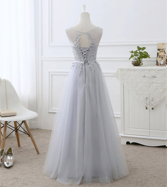 Gray tulle lace prom dress A line evening dress  8442