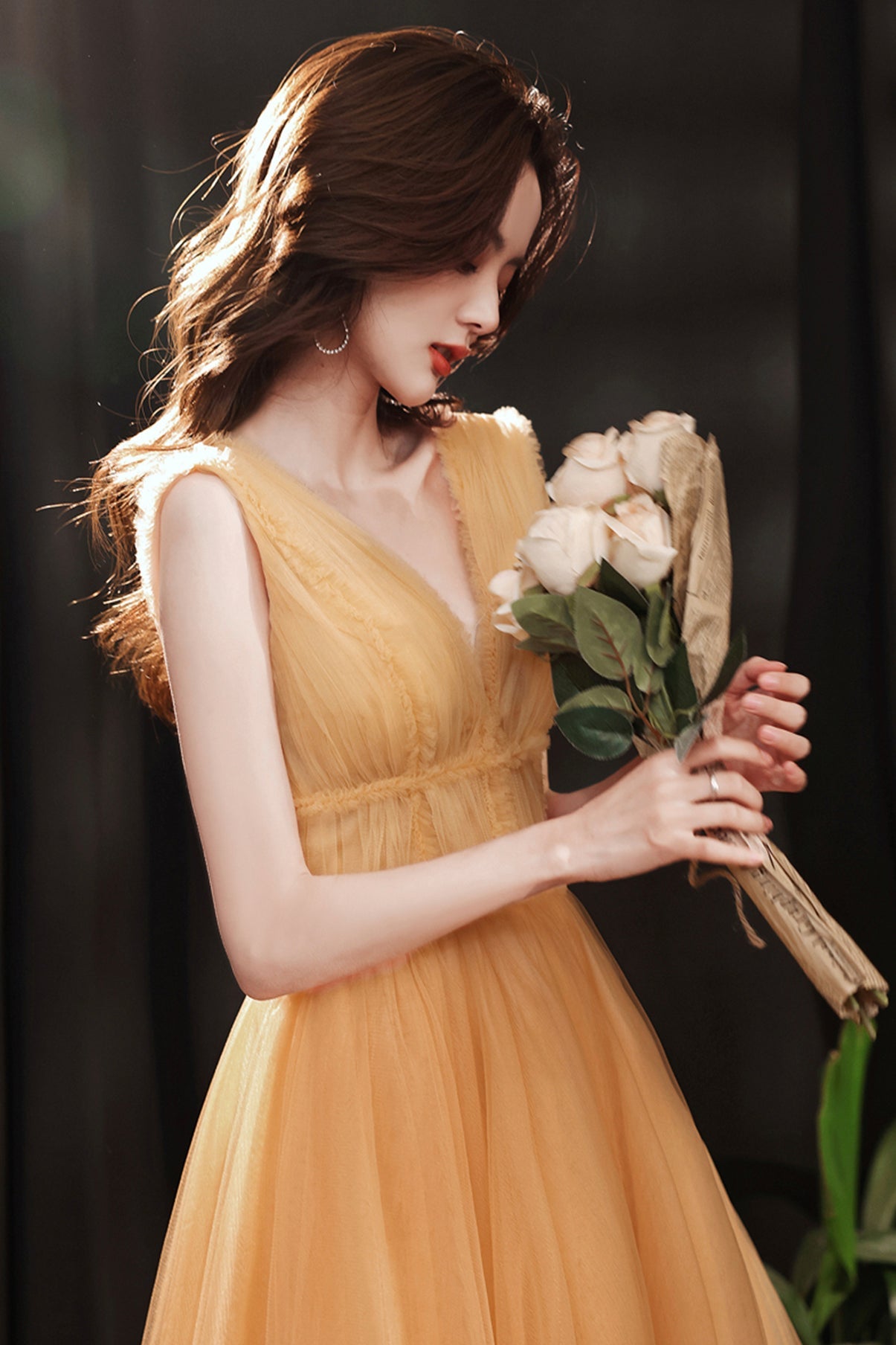Yellow tulle tea length prom dress evening dress  8780