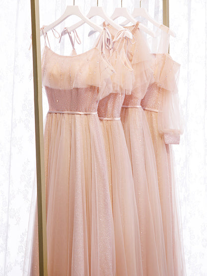 Pink tulle sequins long prom dress  8348