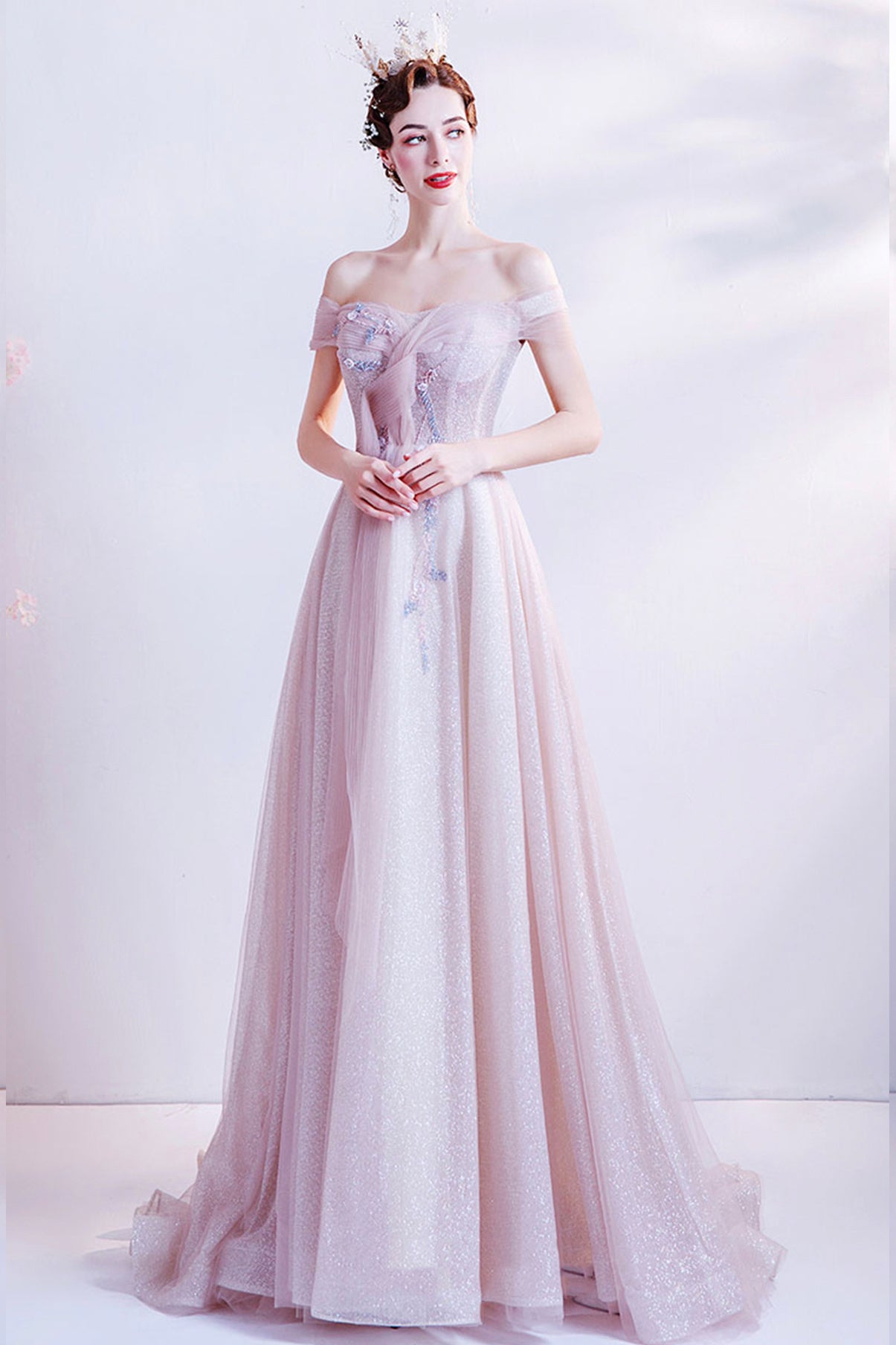Pink tulle long A line prom dress pink evening dress  8768
