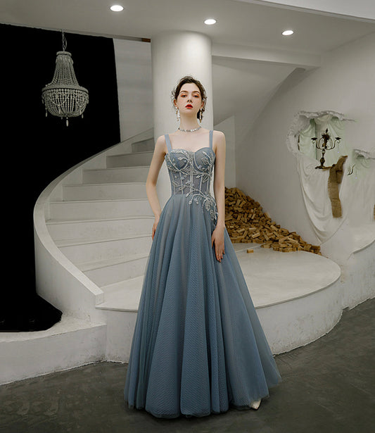 Cute tulle long A line prom dress evening dress  8561