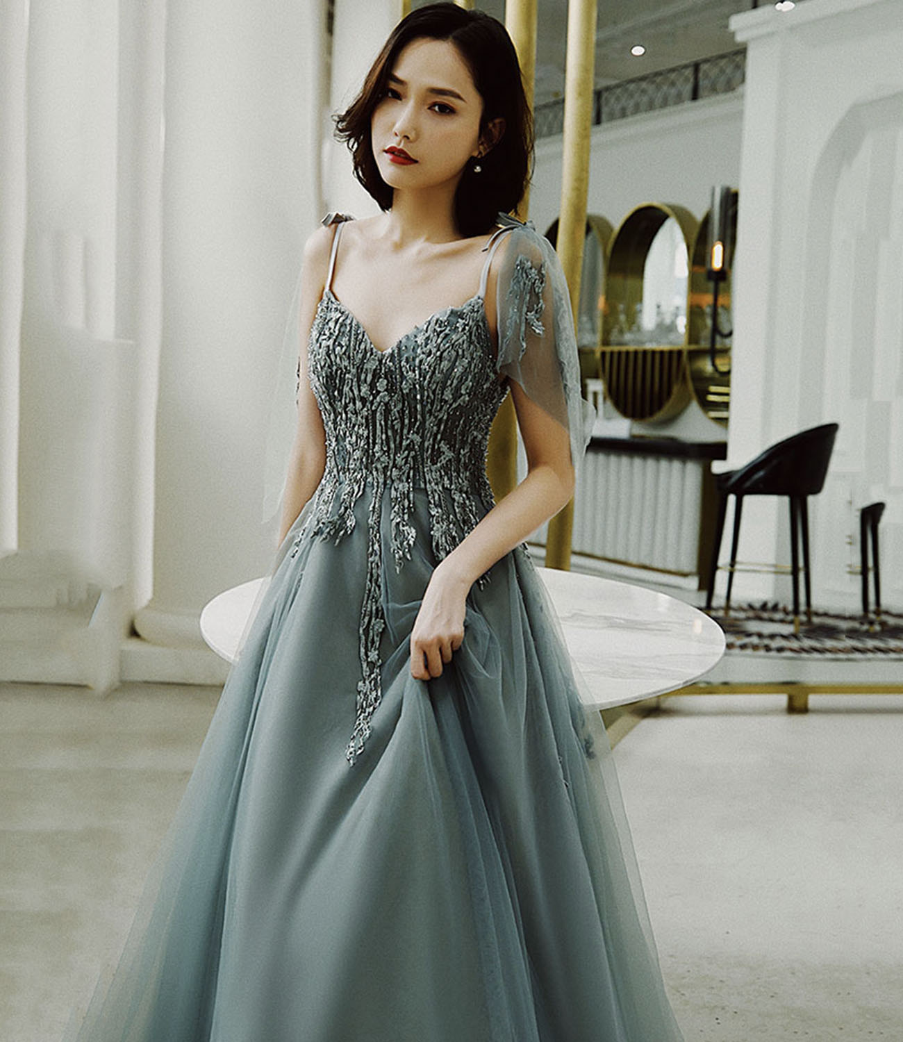 Cute tulle lace long prom dress A line evening dress  10422
