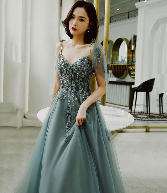 Cute tulle lace long prom dress A line evening dress  10422