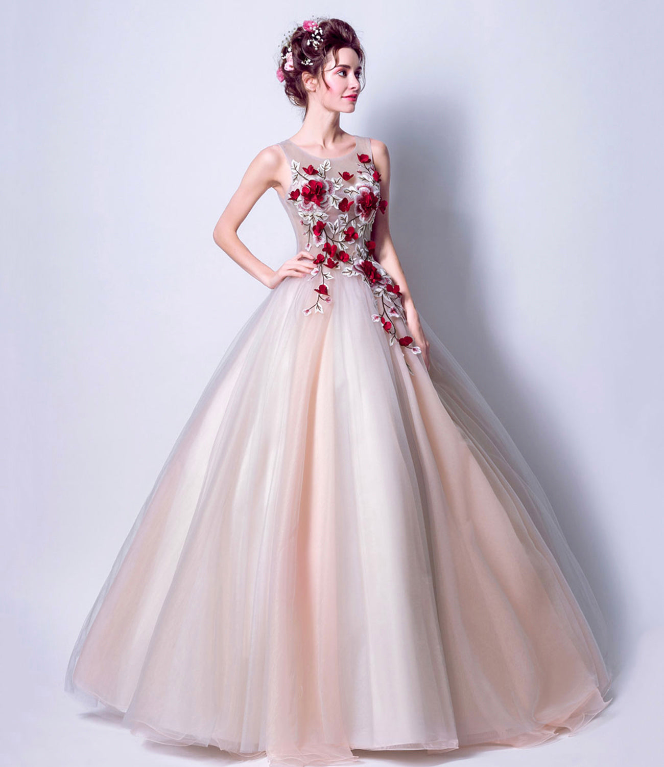 Elegant tulle applique long A line prom dress evening dress  8802