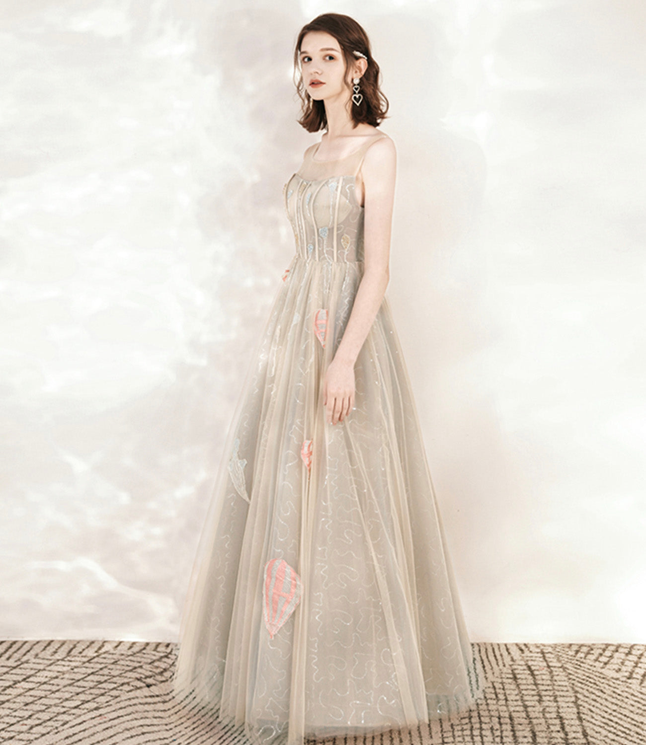 Champagne tulle sequins long prom dress evening dress  10542