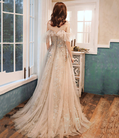 Champagne tulle sequins long prom dress evening dress  10390