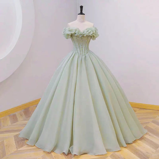 Green fairy gentle beaded long satin ball gown evening dress gh4359