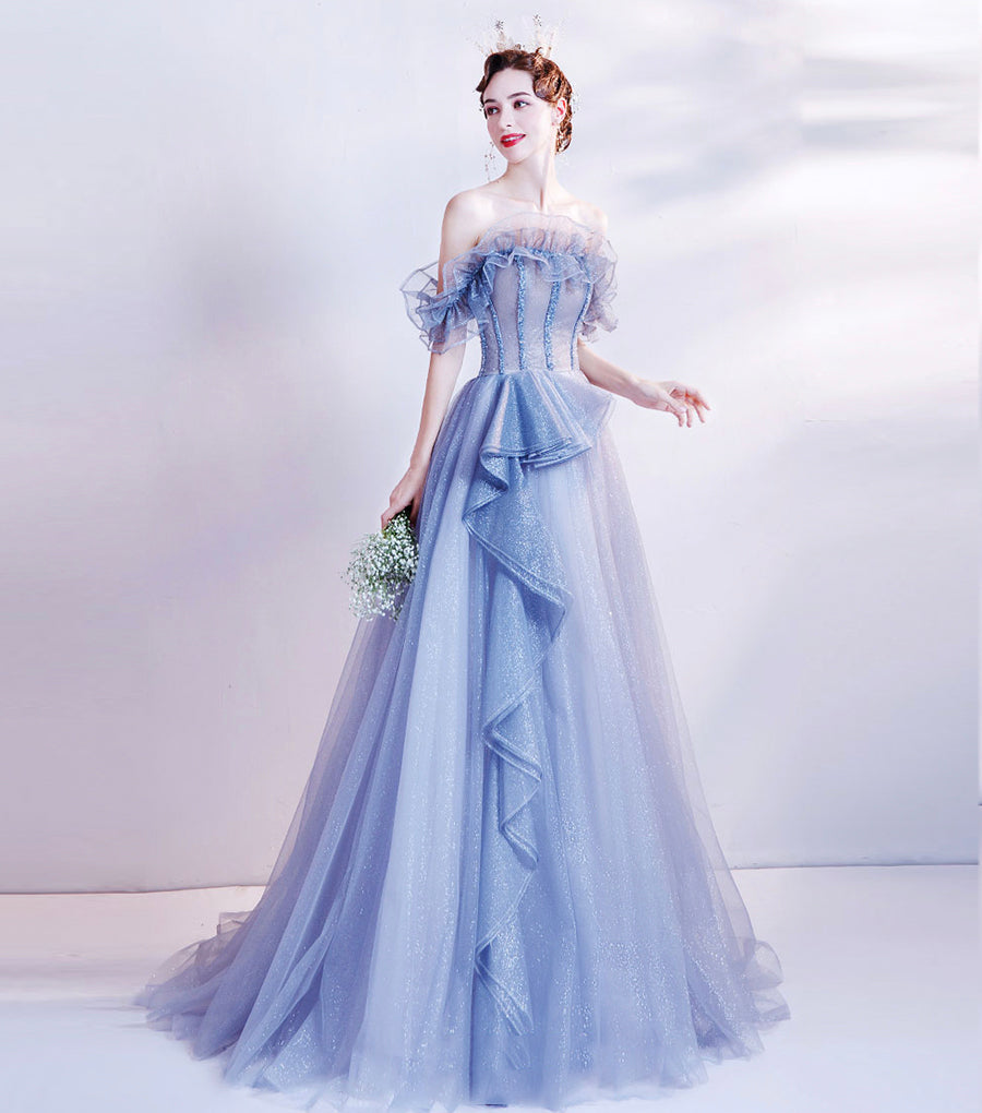 Blue tulle sequins long ball gown dress formal dress  8543
