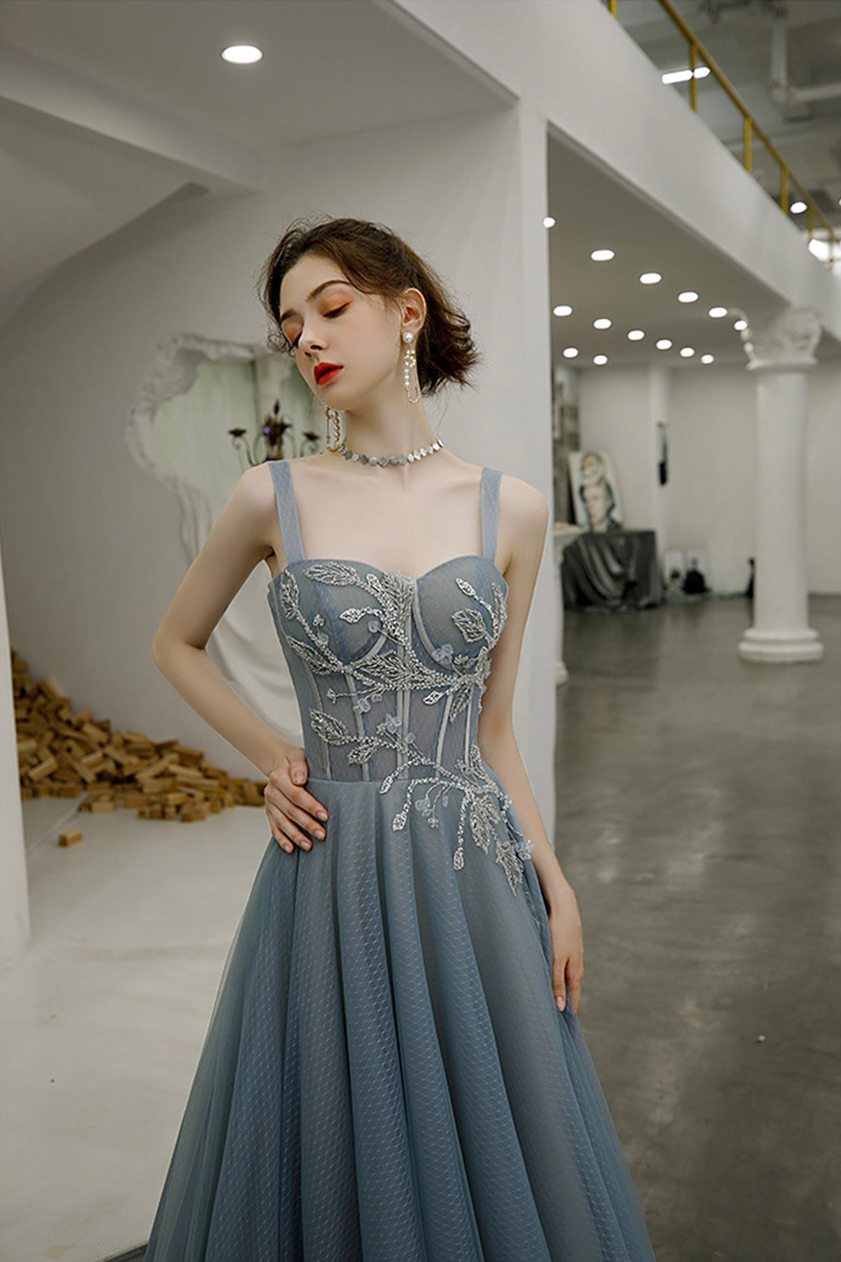 Cute tulle long A line prom dress evening dress  8561