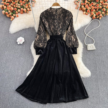 Black V Neck Lace A Line Dress Fashion Dress  10888