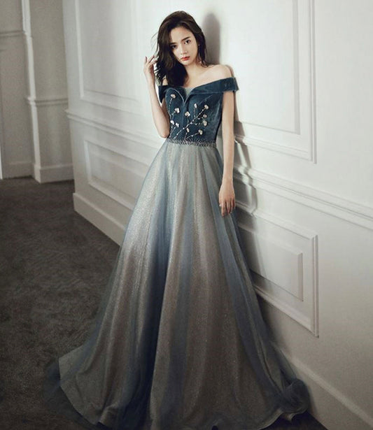 Blue velvet tulle long prom dress evening gown  10233